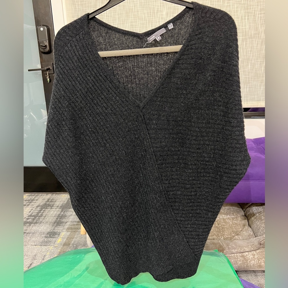 100% Cashmere Vince Rib Knit Bat Sleeve Oversized Sweater Med Black